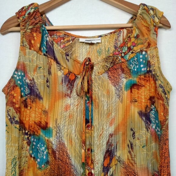 Dressbarn Shirt Large Sleeveless Pleated Button Up Orange Whimsical Forest Fairy - Picture 9 of 16